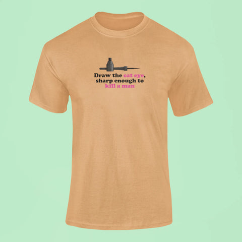 draw the cat eye sharp enough to kill a man t shirt 2 mustard yellow