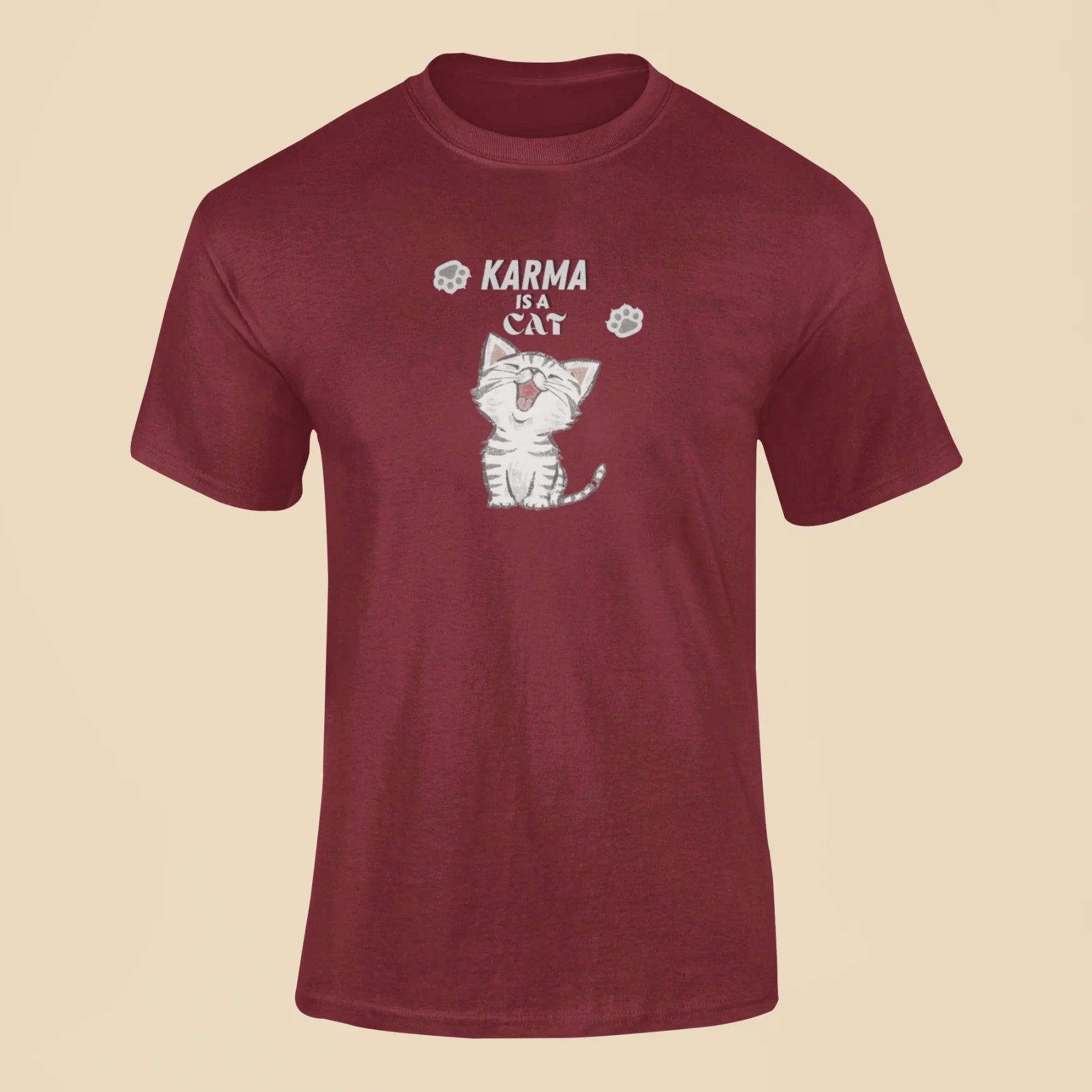 karma is a cat t shirt 2 maroon