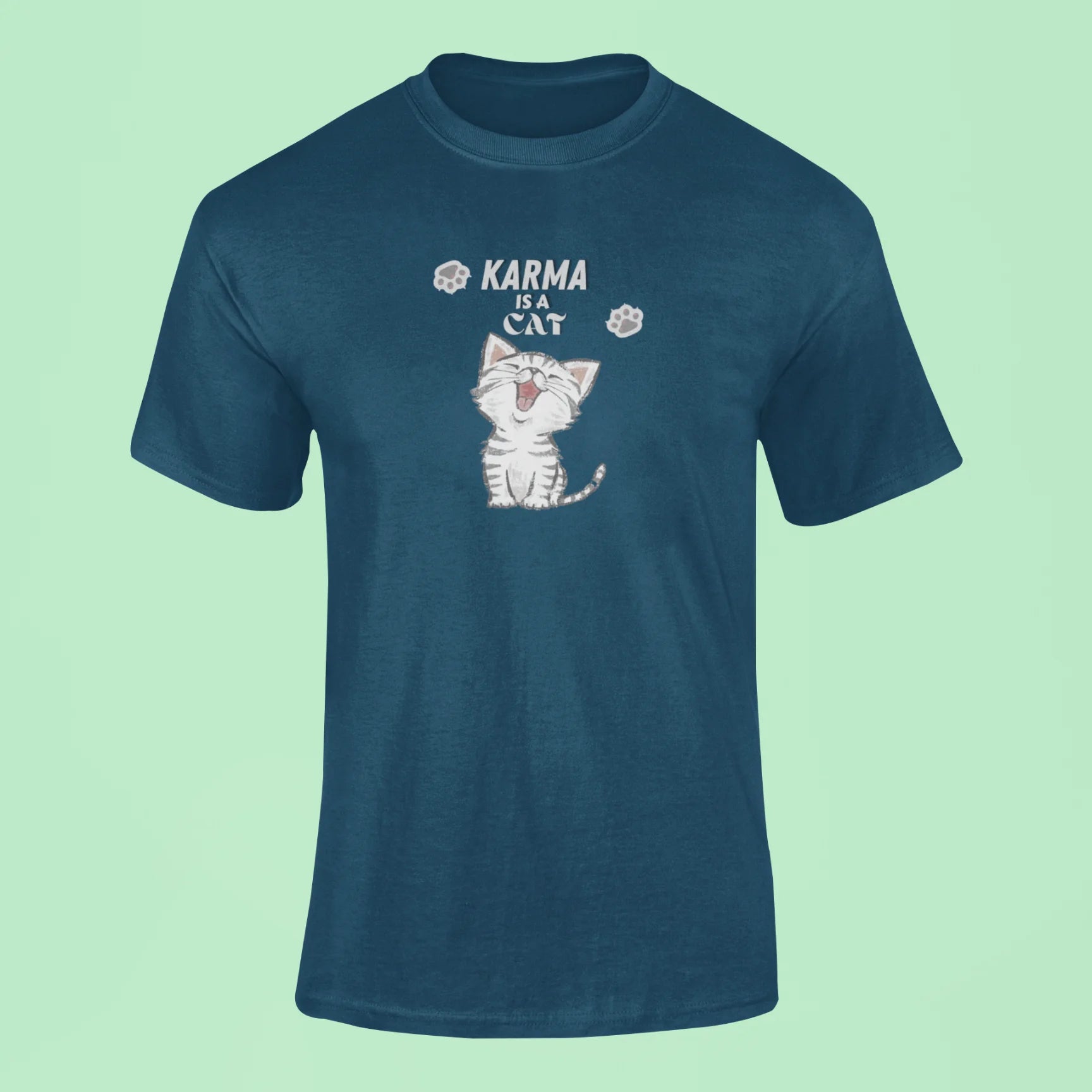 karma is a cat t shirt 2 navy blue