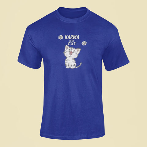 karma is a cat t shirt 2 royal blue