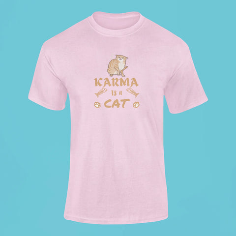 karma is a cat t shirt 3 pink