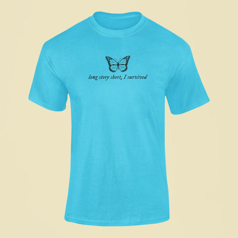 long story short i survived t shirt sky blue