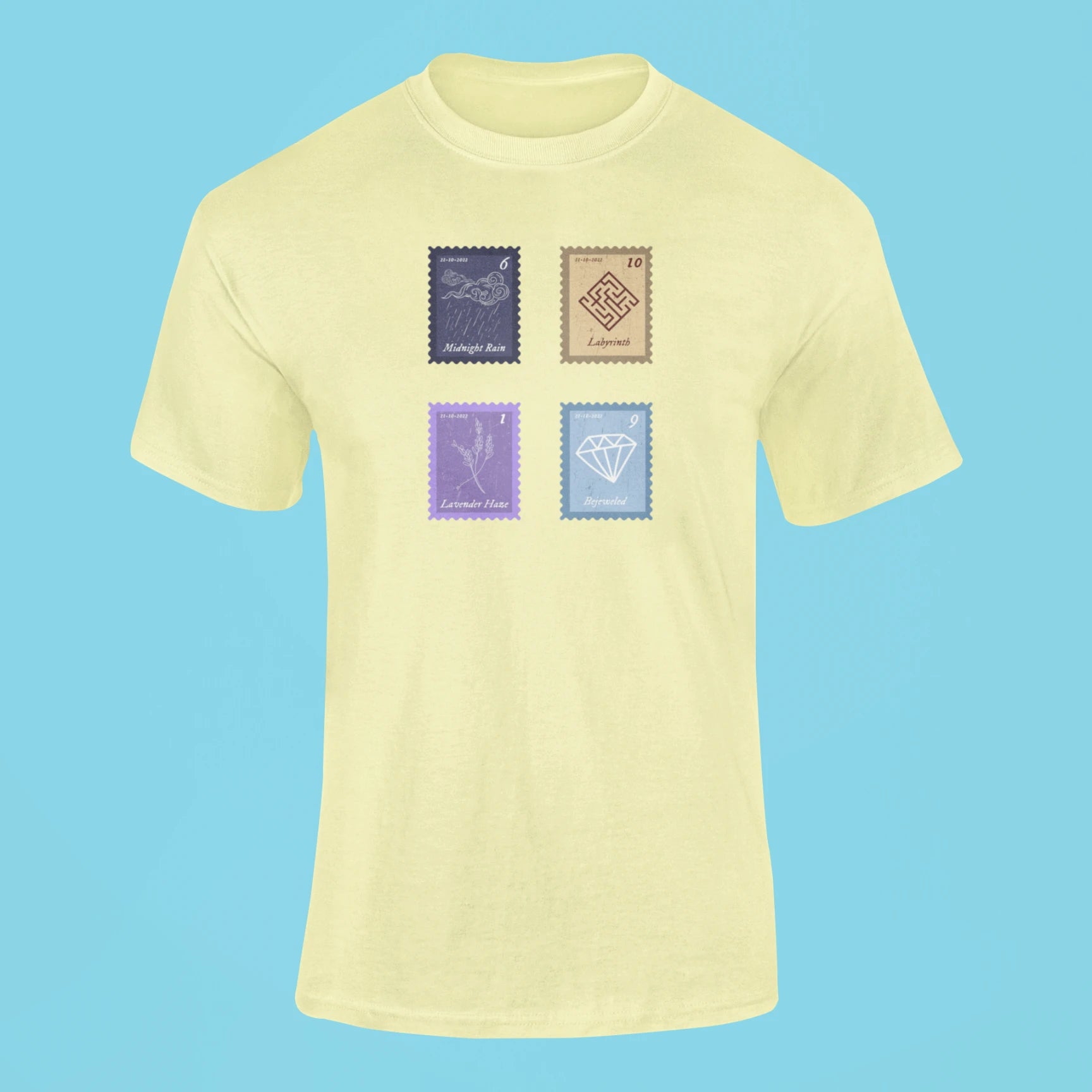 midnights song stamps midnight rain t shirt butter yellow