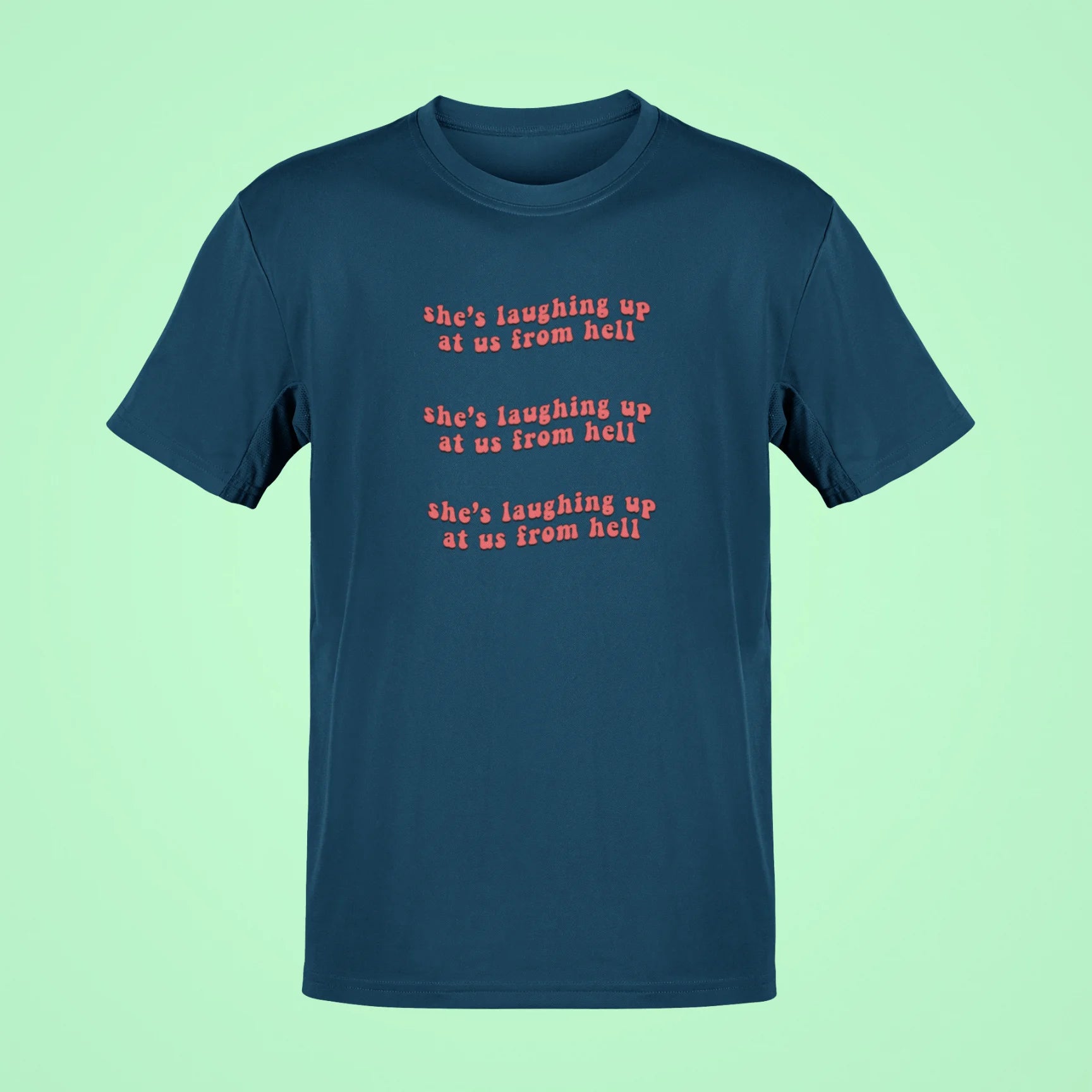 shes laughing up at us from hell oversized t shirt navy blue