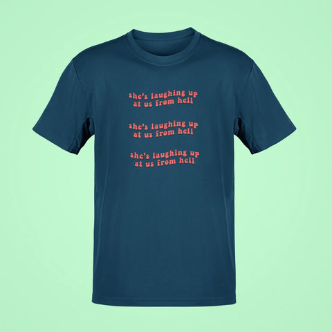 shes laughing up at us from hell oversized t shirt navy blue