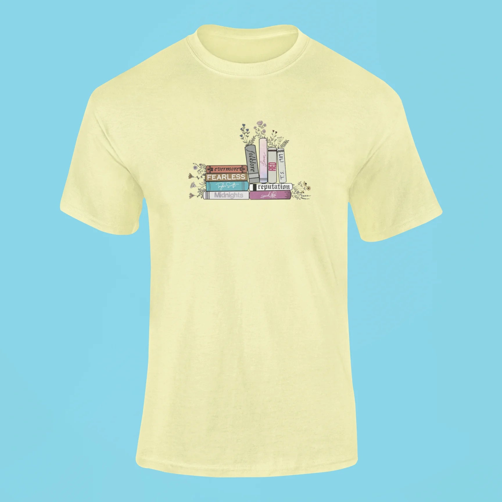 taylor swifts albums as books t shirt butter yellow
