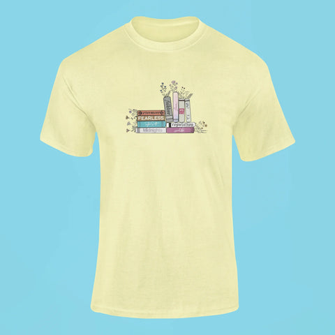 taylor swifts albums as books t shirt butter yellow