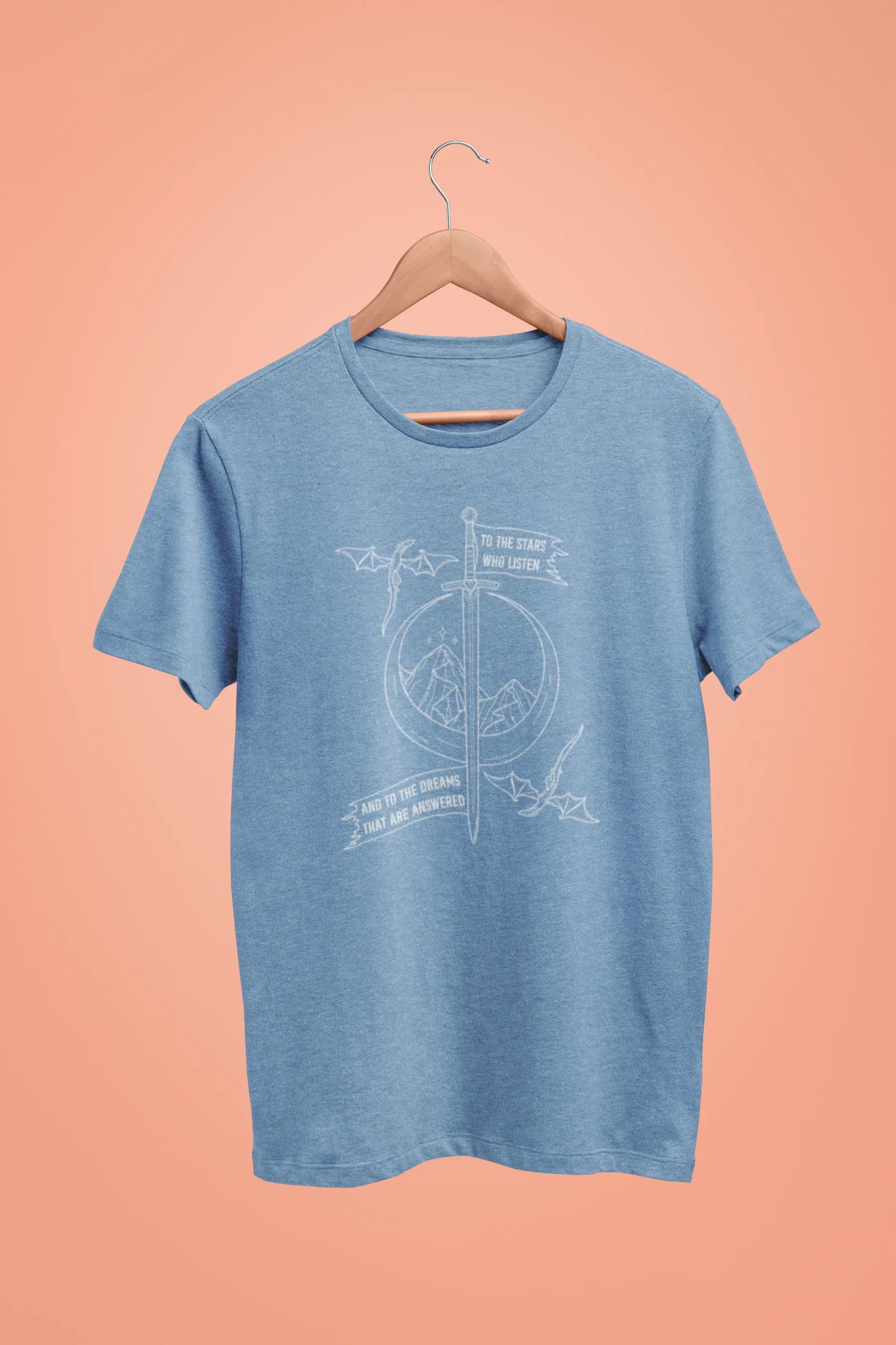 to the stars who listen and to the dreams that are answered oversized t shirt baby blue scaled